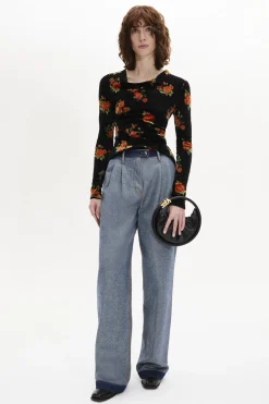 Sale Long-Sleeved Fitted Velvet Jacquard Top Women T-Shirts