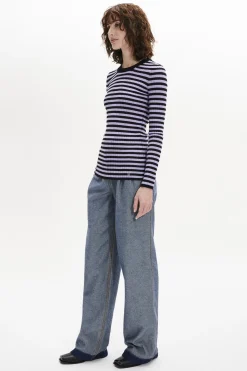 Outlet Striped Long-Sleeved Crew Neck Sweater Women Sweaters