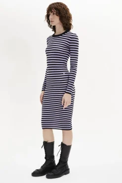 Hot Striped Long-Sleeved Crew Neck Dress Women Long Dresses